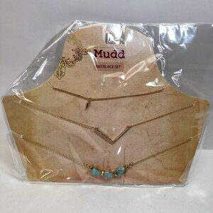 Mudd Gold-Tone Turquoise Necklace Set 3-Piece Layered Design Rhinestone Accents